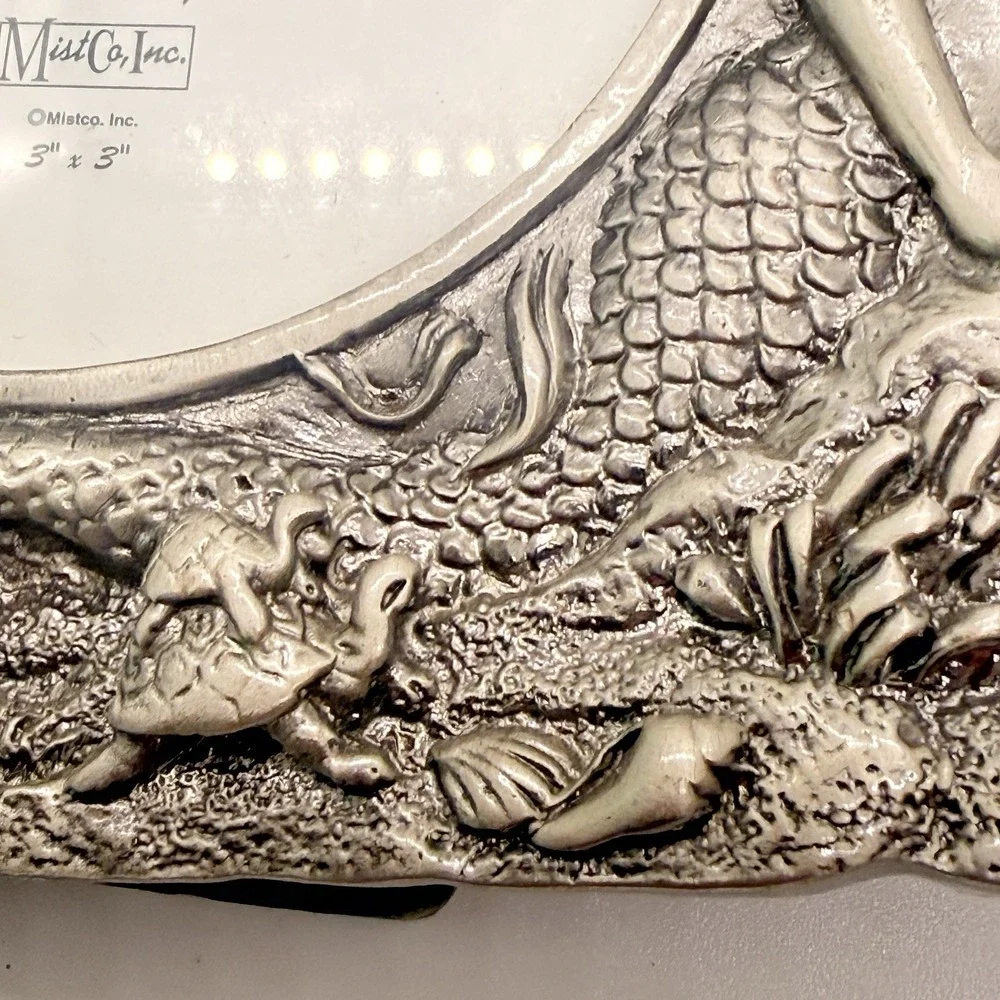 Vintage Cast Pewter Mermaid Dolphin Ocean Picture Frame 3x3 Coastal Beach Decor